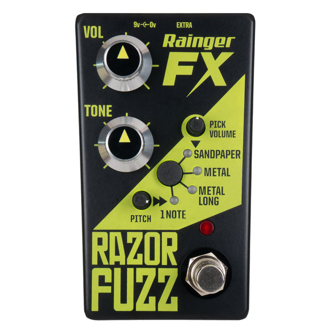 Rainger FX Razor Fuzz front view, black and neon yellow enclosure