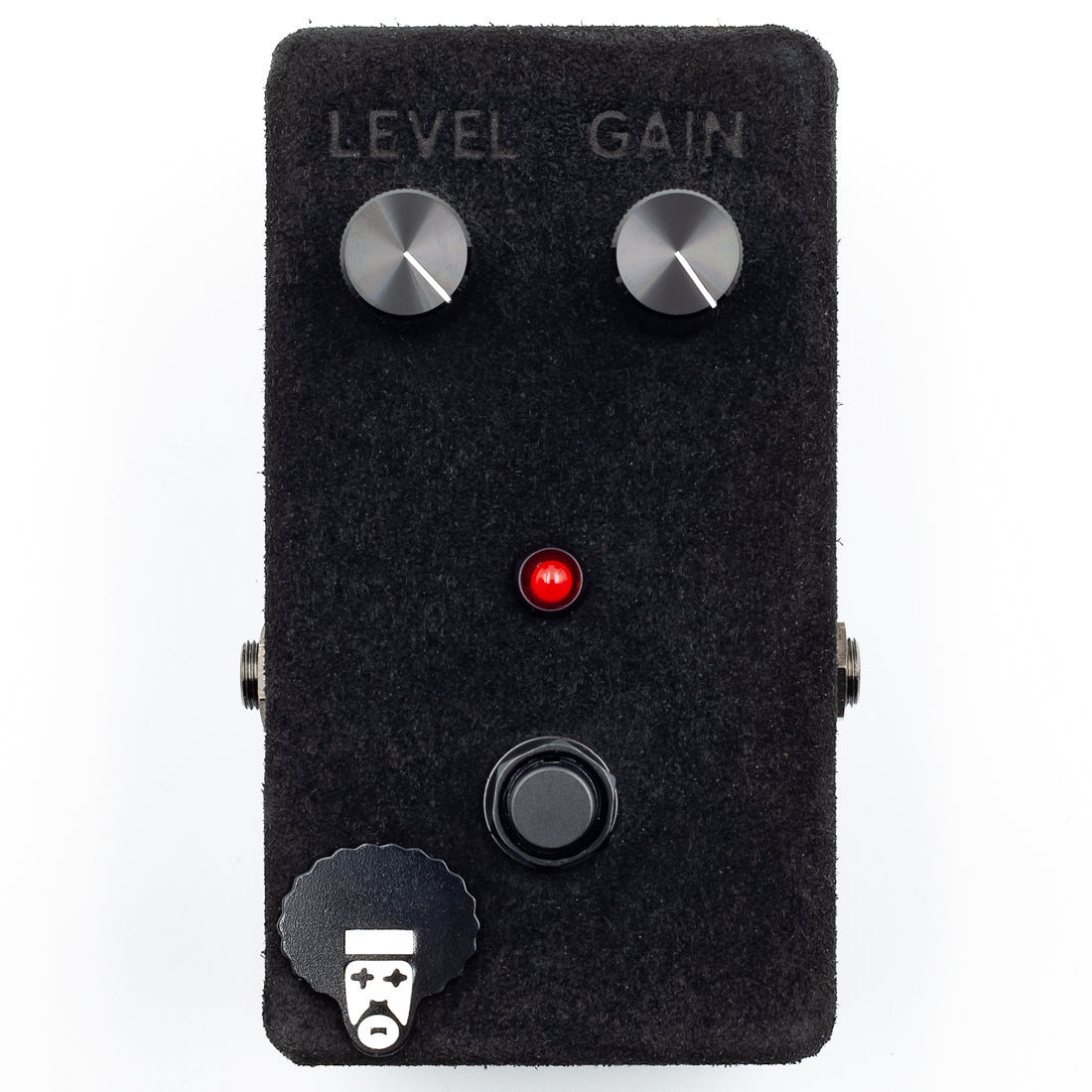 Guitar effects pedal with level and gain knobs on a white background