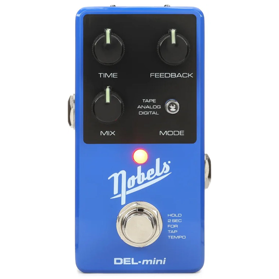 Blue Nobels DEL-mini guitar effects pedal with knobs and LED indicator on a white background