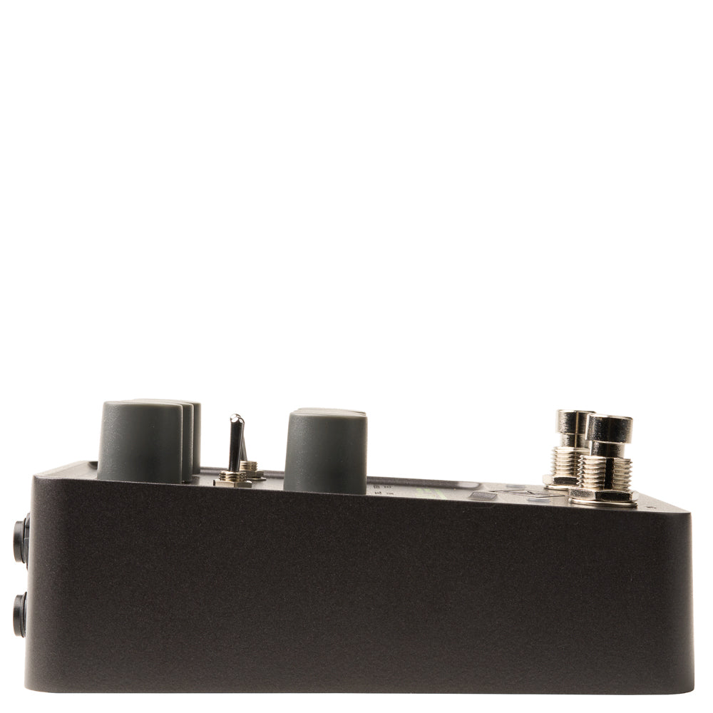 side view of Universal Audio UAFX Galaxy '74 Tape Echo Delay & Reverb Pedal in black metal with green logo