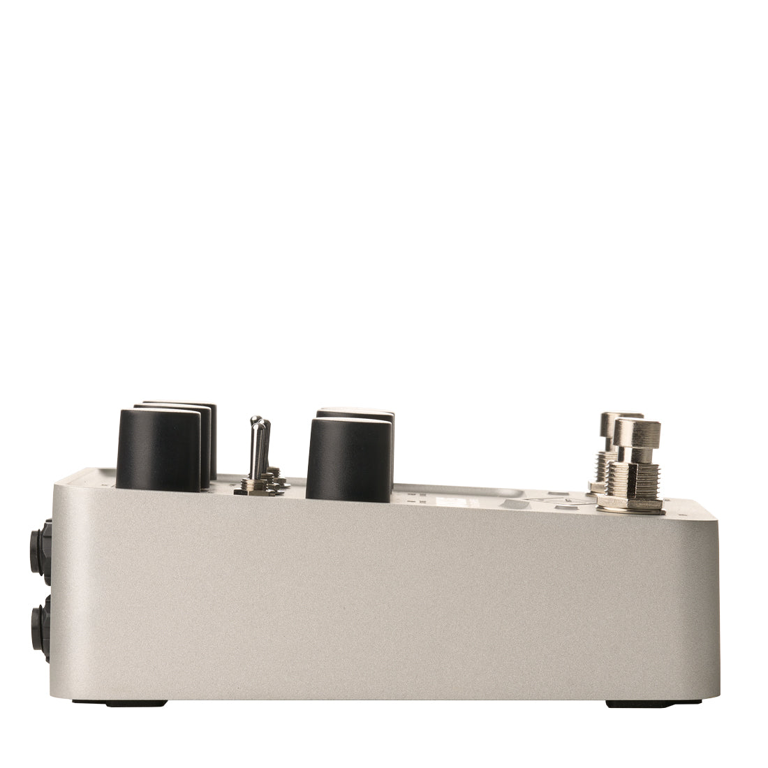 side view of Universal Audio UAFX Knuckles '92 Dual Rec Amplifier Pedal silver metal