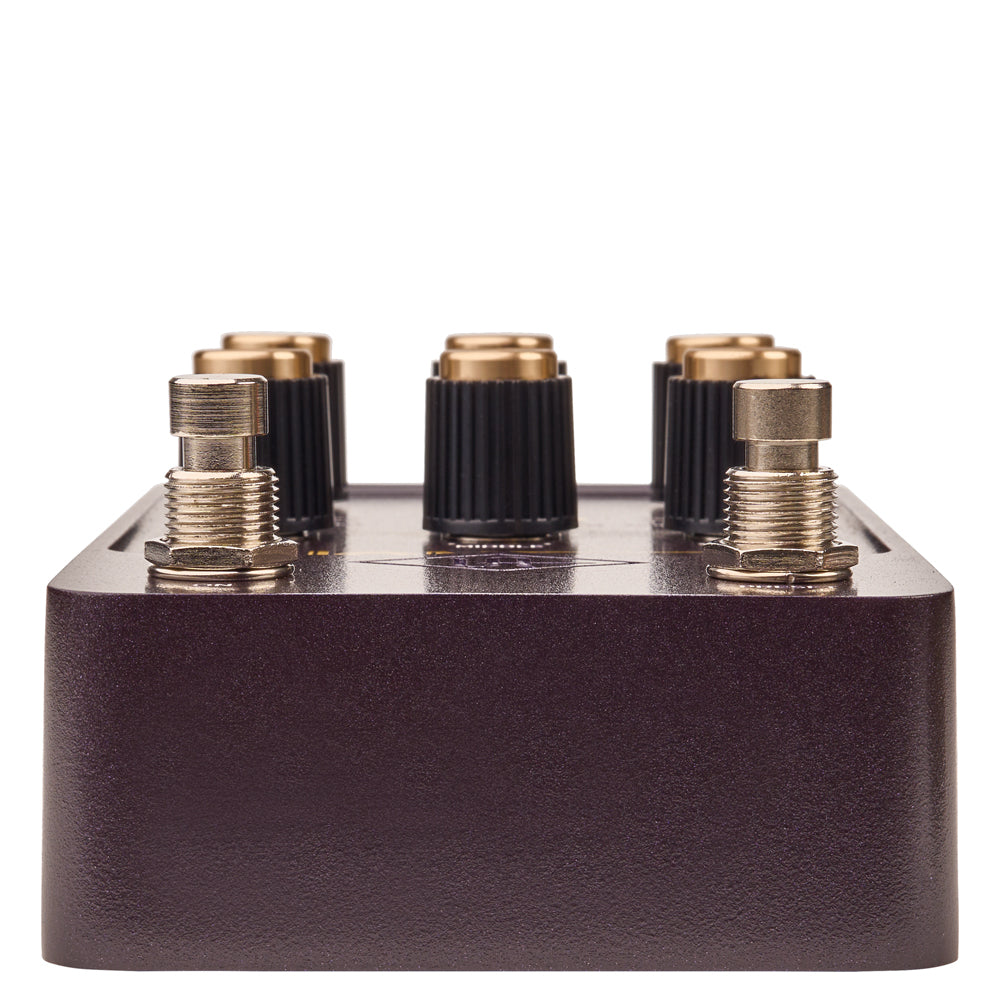 top view of a Universal Audio UAFX Lion 68 Super Lead Amp Simulator Pedal with gold knobs