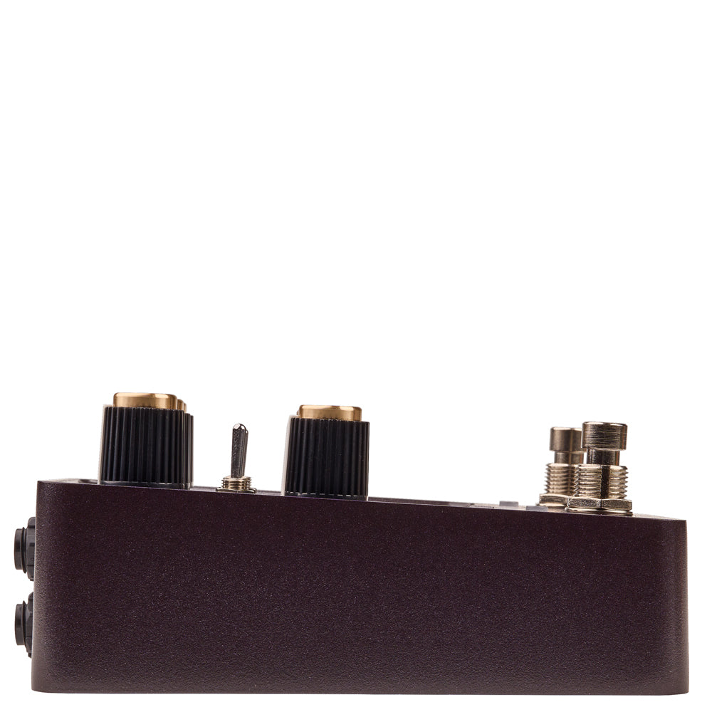 side view of a Universal Audio UAFX Lion 68 Super Lead Amp Simulator Pedal with gold knobs