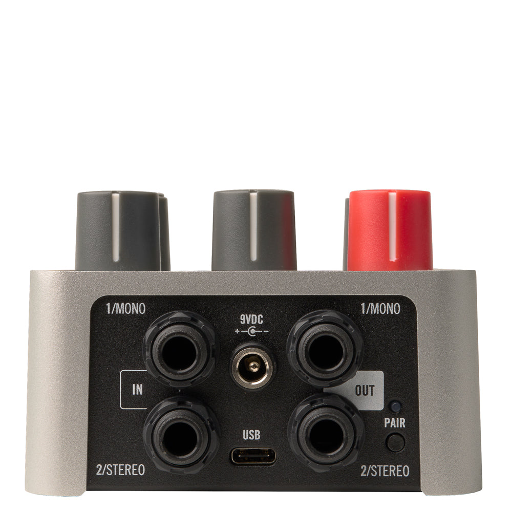 inout and output channels from a Universal Audio UAFX Max Preamp & Dual Compressor Pedal in silver metal