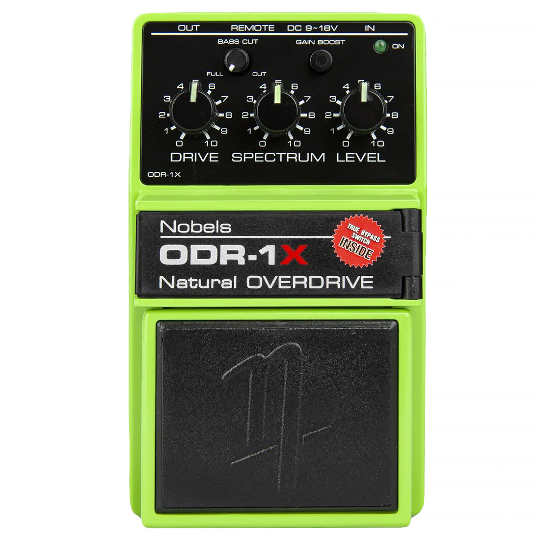 Guitar effects pedal with green casing and black control panel on a white background