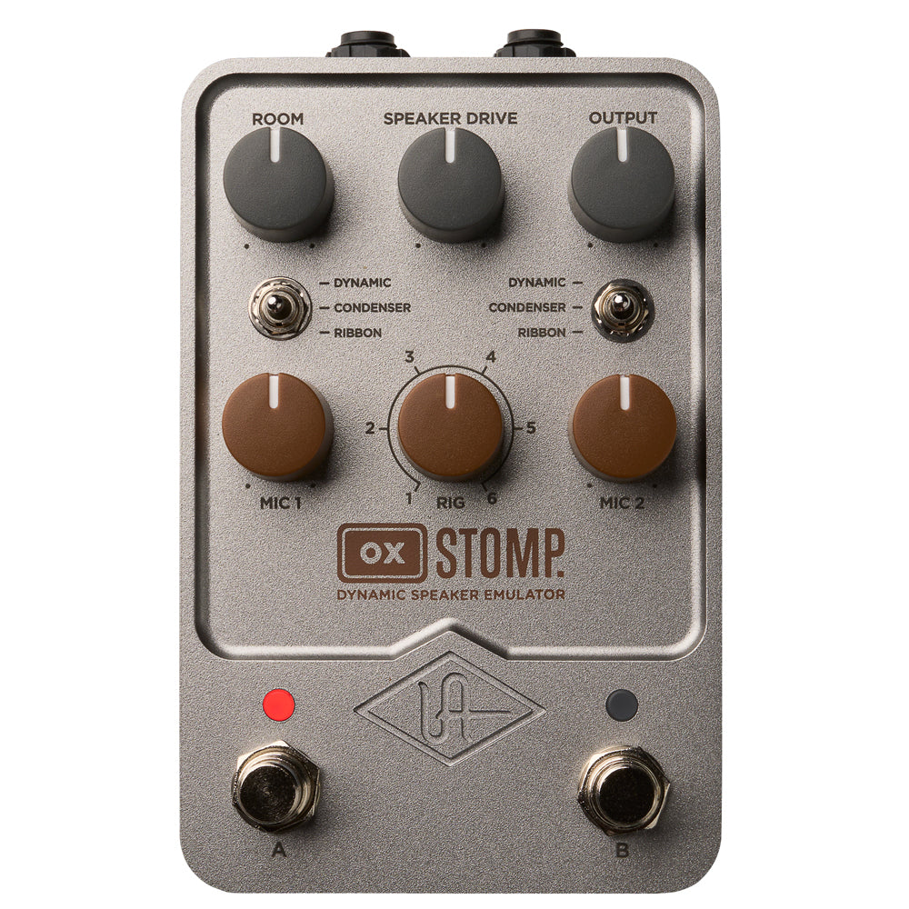 Universal Audio UAFX OX Stomp Dynamic Speaker Emulator Pedal in grey metal with black and brown knobs