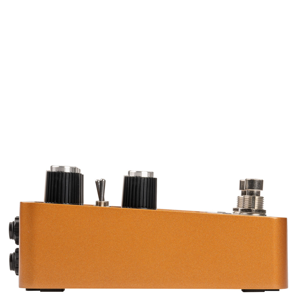 side view of a Universal Audio UAFX Woodrow '55 Instrument Amp Pedal silver and gold