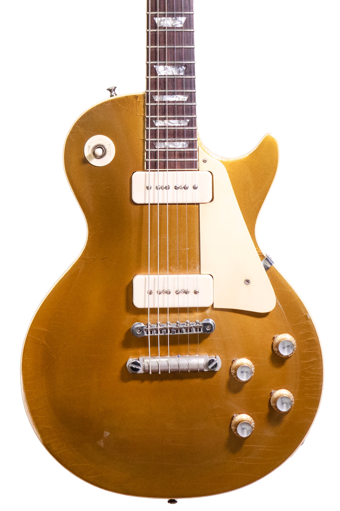 closeup of a Vintage 1968 Gibson Les Paul Standard electric guitar in gold