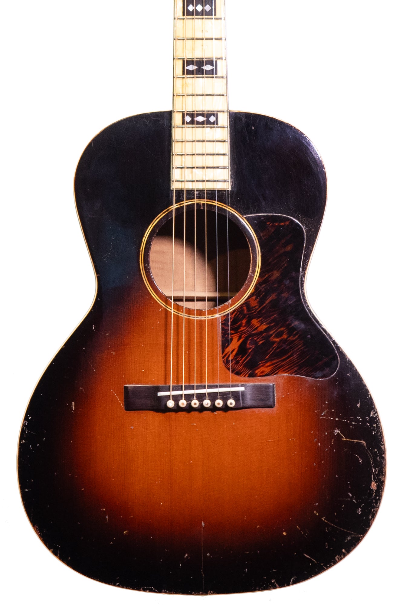 Closeup of the front of a Vintage 1935 Gibson L-C Century Of Progress parlour guitar