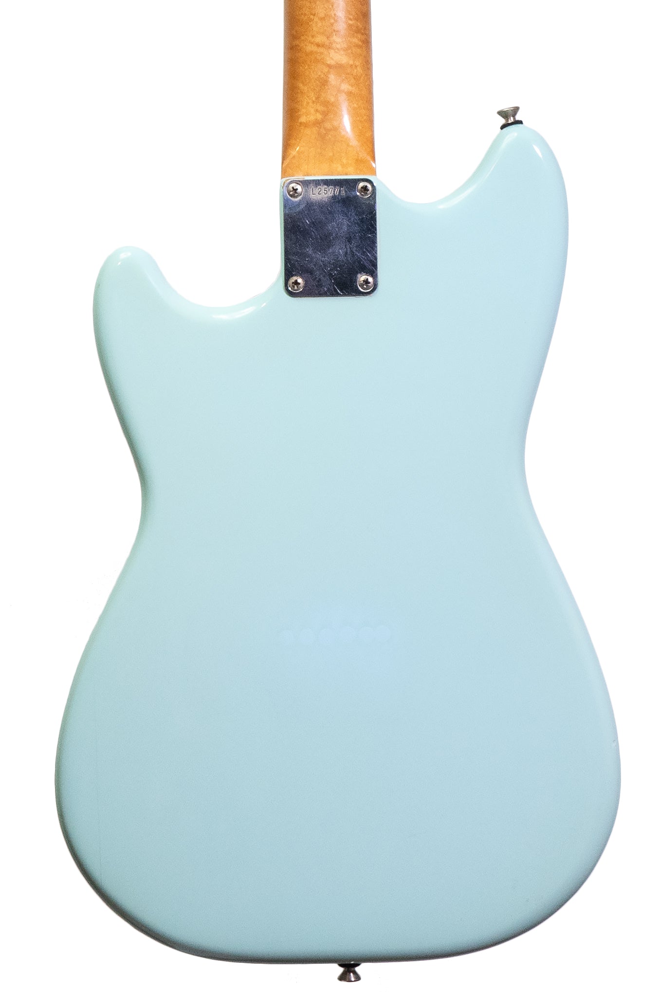 back of a Vintage 1963 Fender Duo Sonic electric guitar in blue