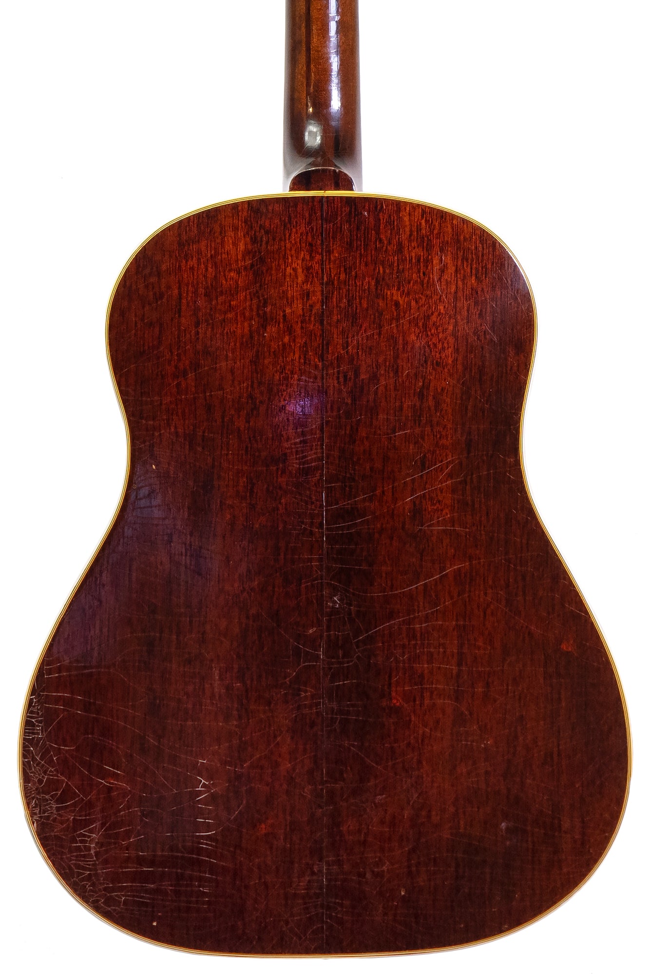 closeup of the back of a vintage 1944 Gibson Southerner Jumbo 'banner' logo acoustic guitar