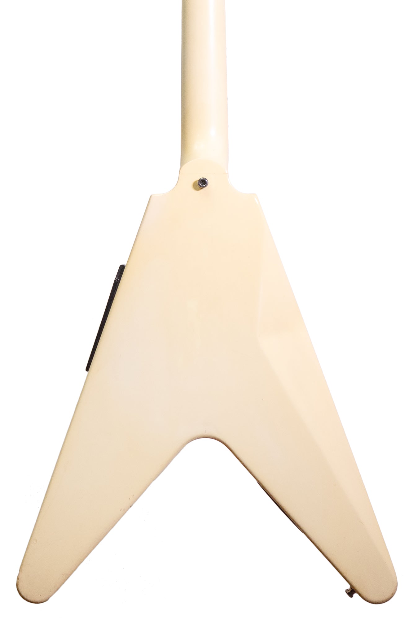 back of a vintage 1988 Gibson Flying V'90 electric guitar in white