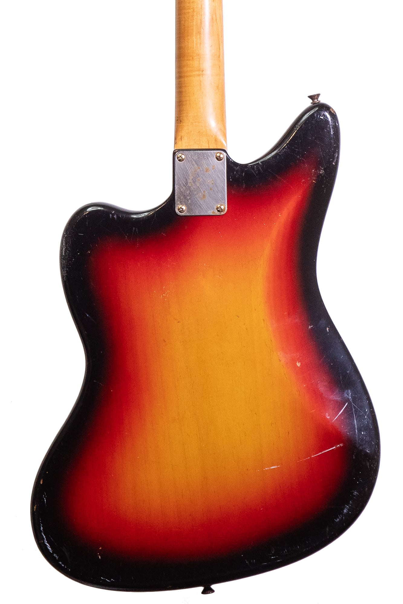 back of a Vintage 1965 Fender Jaguar original electric guitar in sunburst
