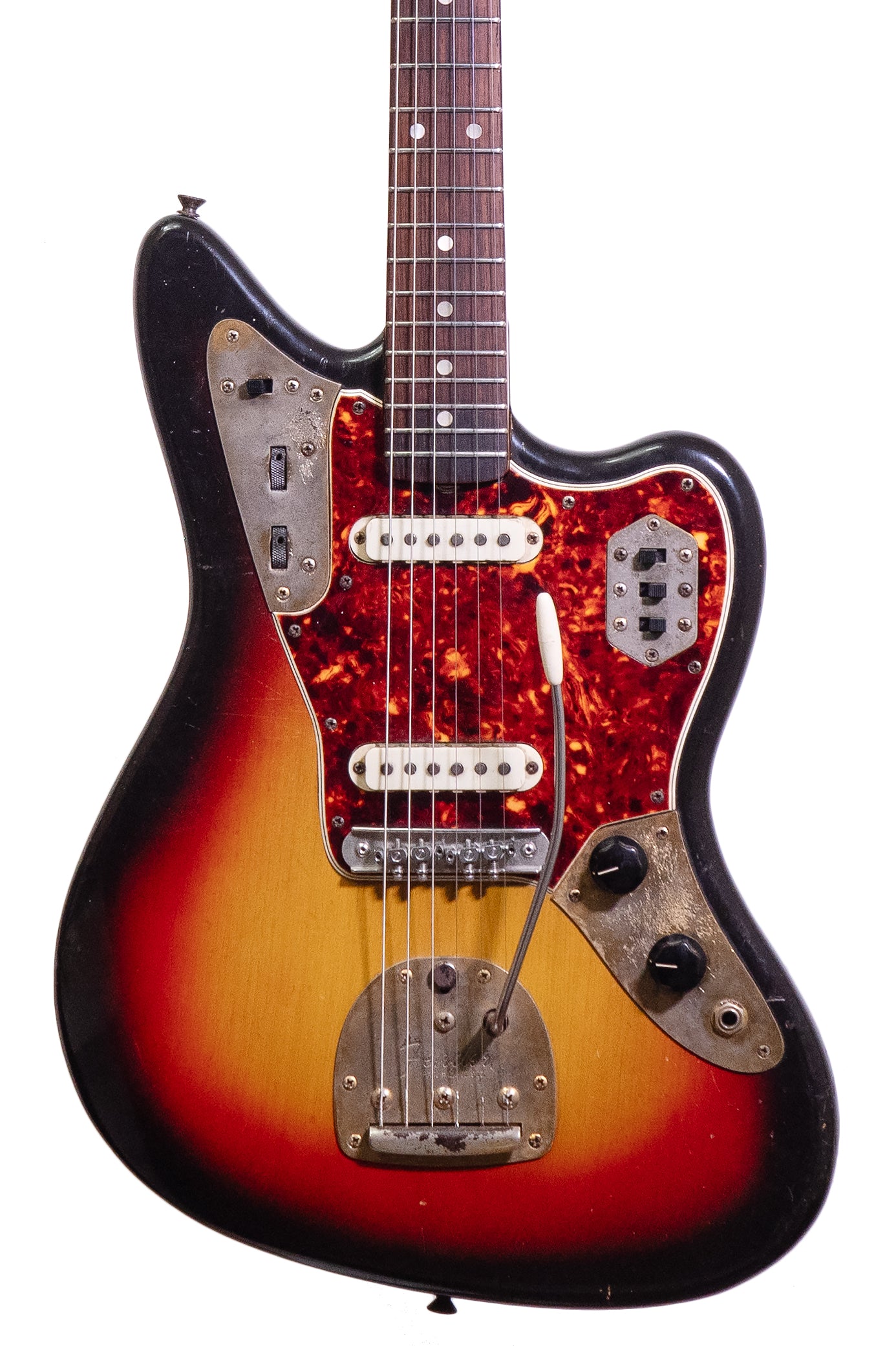 closeup of a Vintage 1965 Fender Jaguar original electric guitar in sunburst