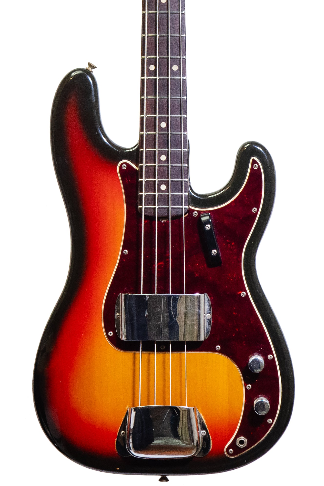 Closeup of a vintage 1969 Fender Precision Bass guitar