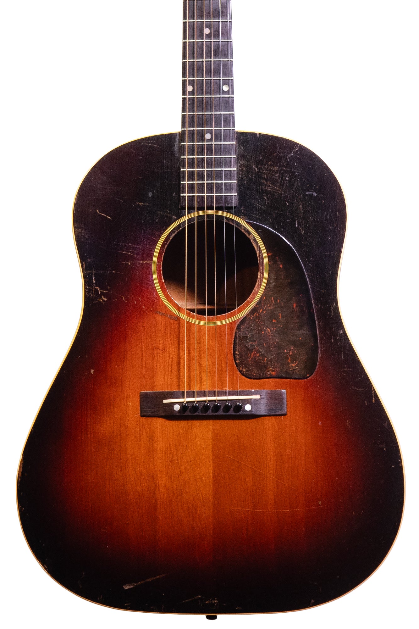 closeup of a vintage 1944 Gibson J-45 Banner - Maple acoustic guitar