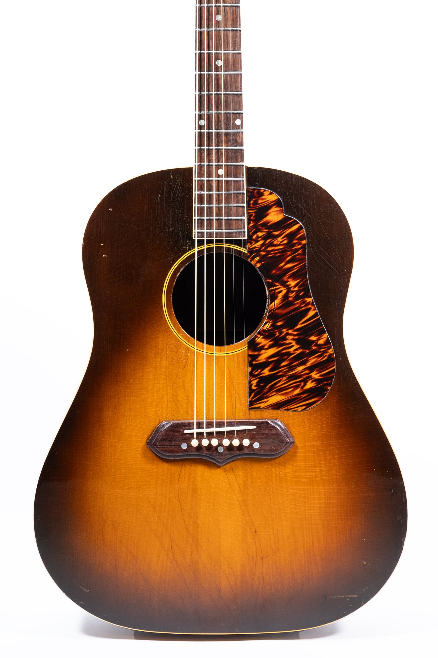 closeup of a Vintage 1941 Gibson J-55 Acoustic guitar