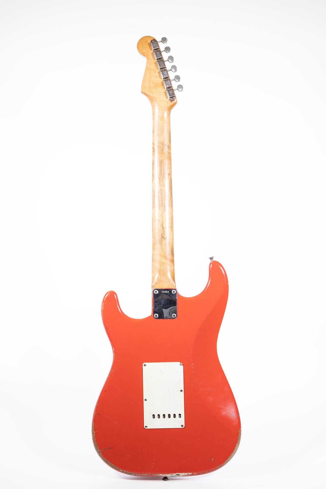 full back of a 1962 Fender Stratocaster finished in Fiesta Red