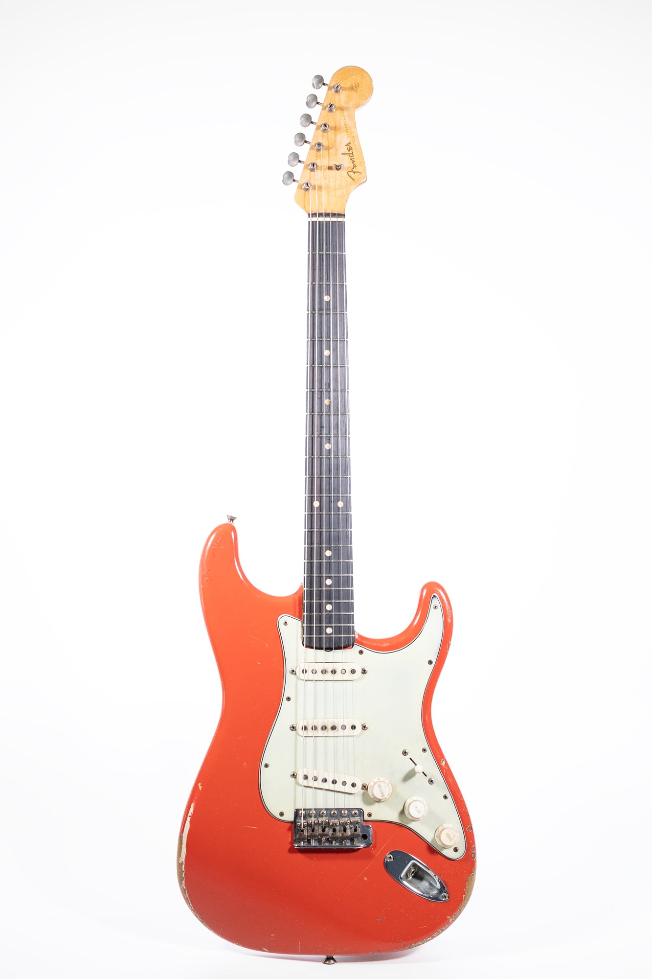 full front of a 1962 Fender Stratocaster finished in Fiesta Red