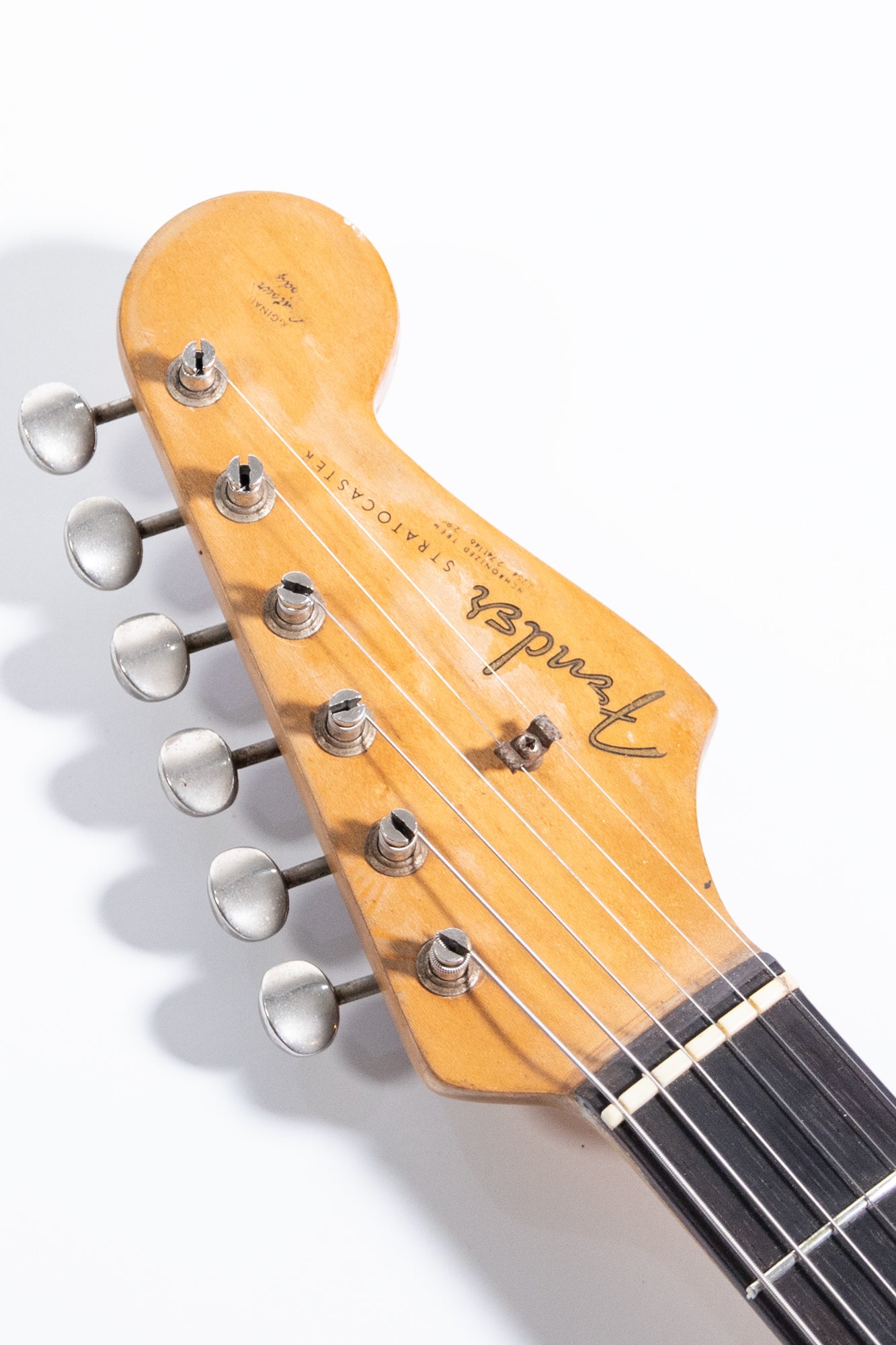 headstock close up of a 1962 Fender Stratocaster