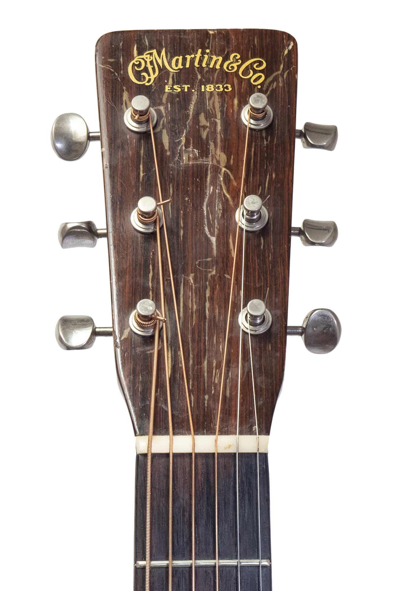 headstock from a vintage 1955 Martin D-18 acoustic guitar