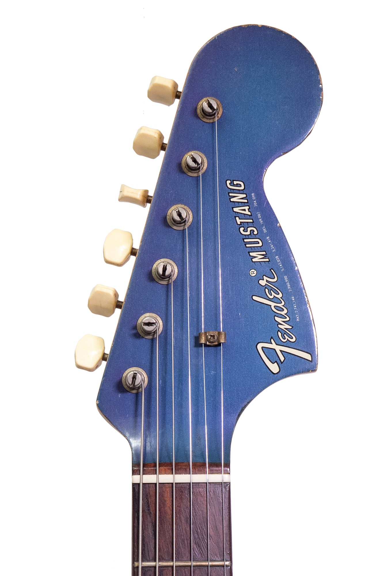 headstock of a Vintage 1969 Fender Competition Mustang electric guitar