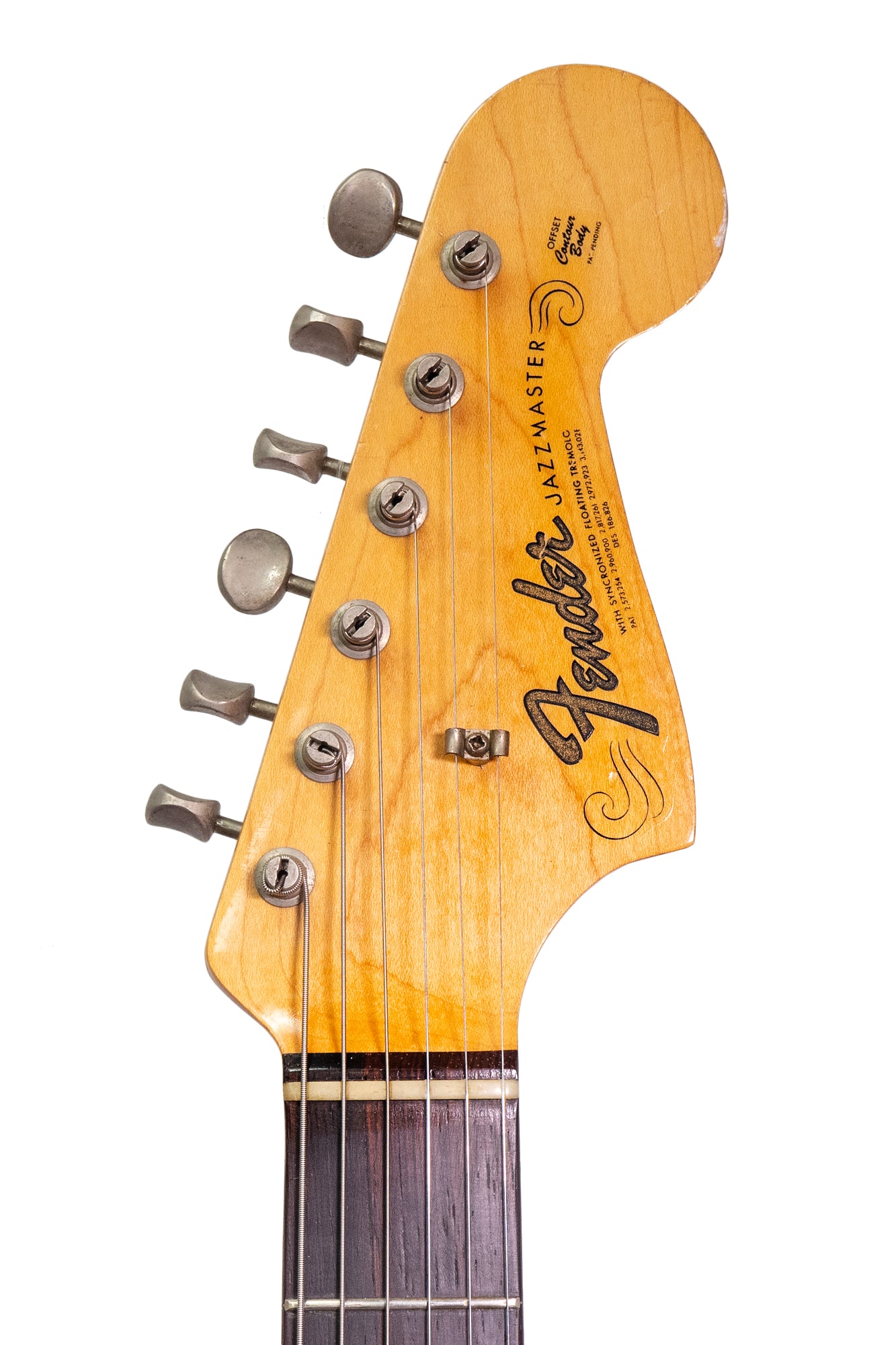 headstock from a vintage 1965 Fender Jazzmaster electric guitar