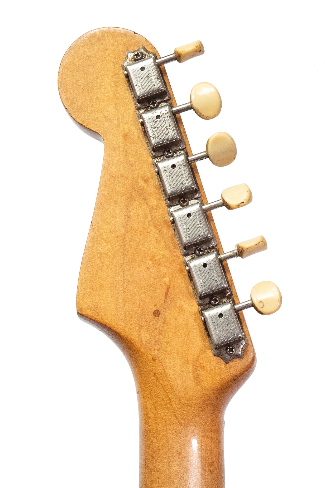 tuners from a Vintage 1963 Fender Duo Sonic electric guitar in blue