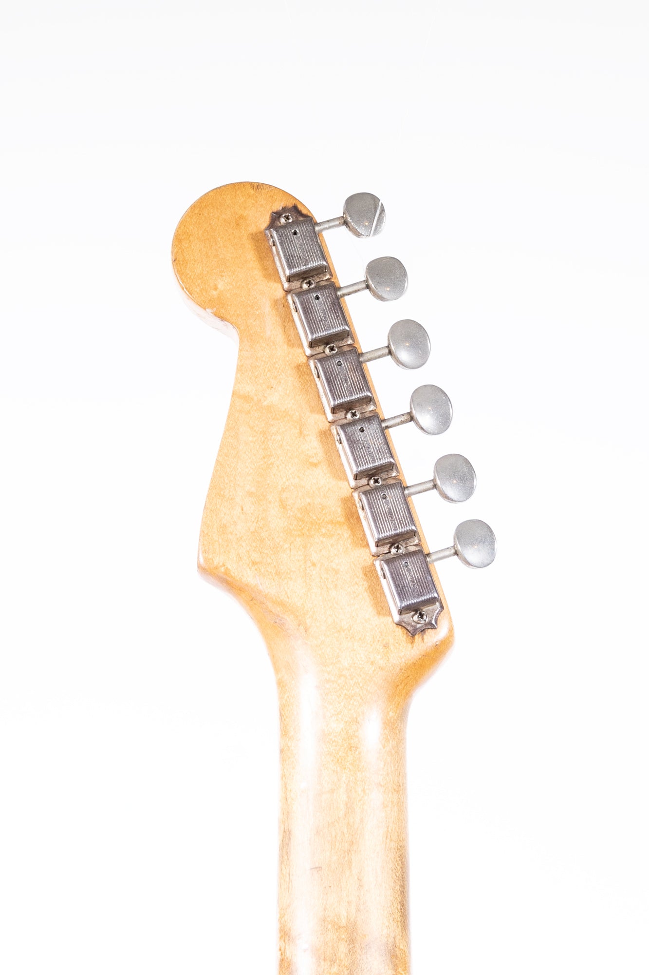 close up of the back of the headstock of a 1963 Fender Stratocaster