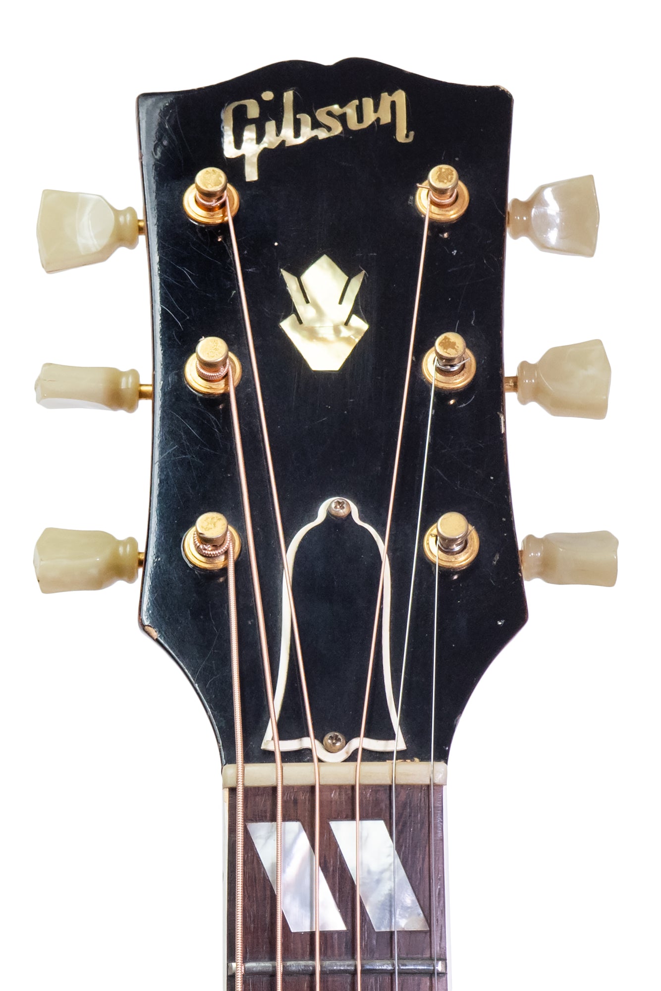 headstock from an Original vintage 1963 Gibson Hummingbird Acoustic Guitar in 'cherry burst'