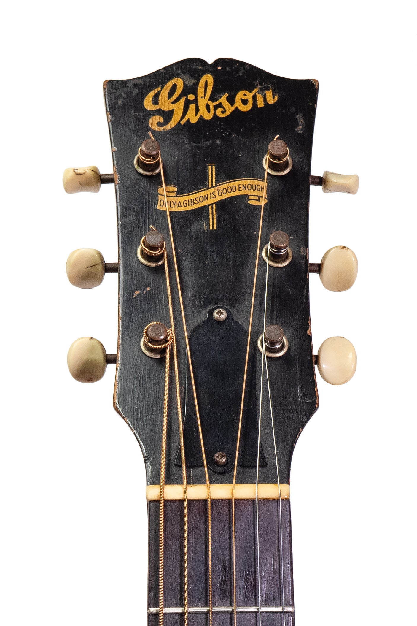 closeup of headstock from a 'banner' logo vintage 1944 Gibson J-45 Banner - Maple acoustic guitar