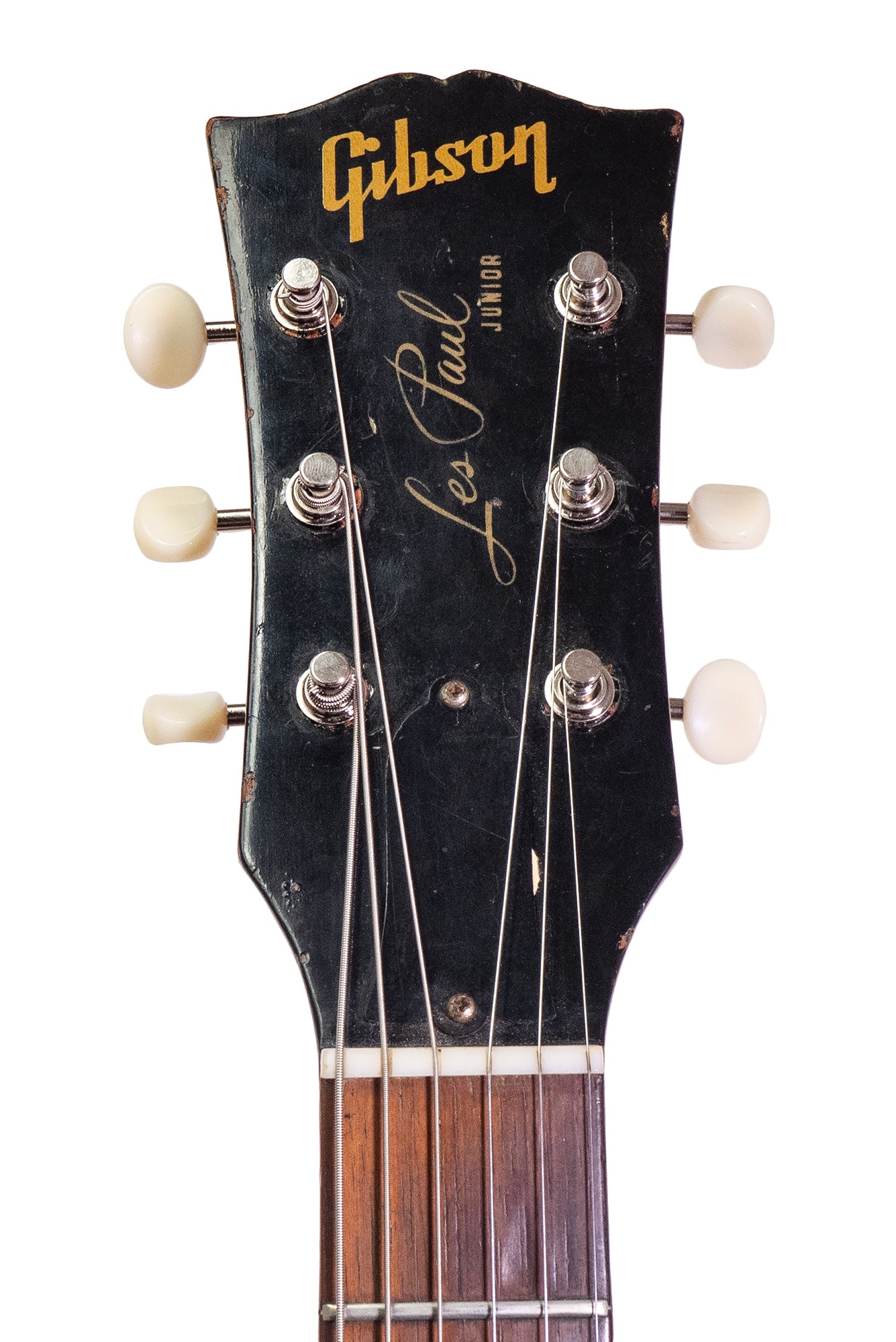 headstock from a vintage 1960 Gibson Les Paul Junior electric guitar