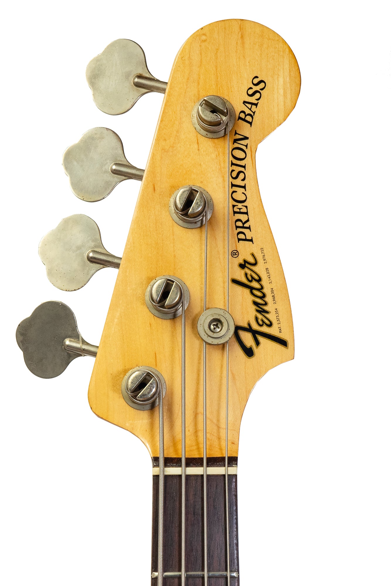 headstock from a vintage 1969 Fender Precision Bass guitar