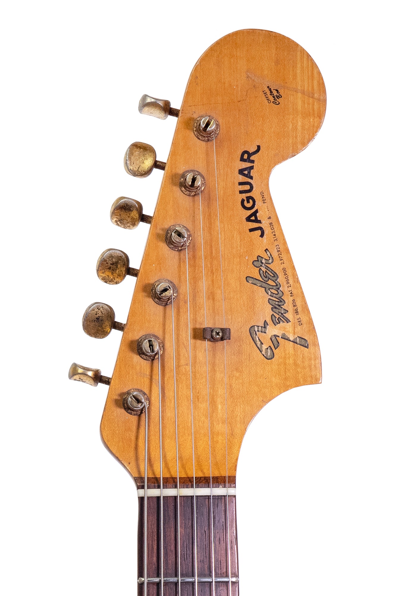 headstock from a Vintage 1965 Fender Jaguar original electric guitar in sunburst