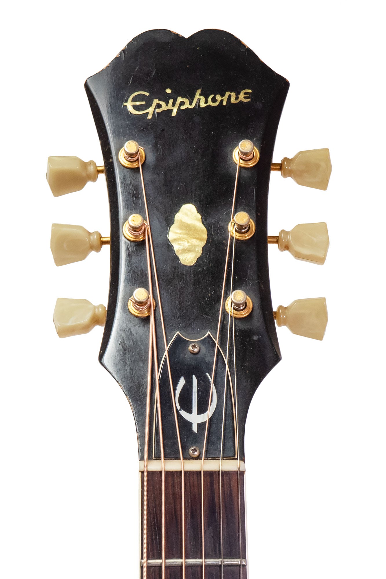 headstock from an Original 1964 Epiphone Frontier vintage acoustic guitar in burst