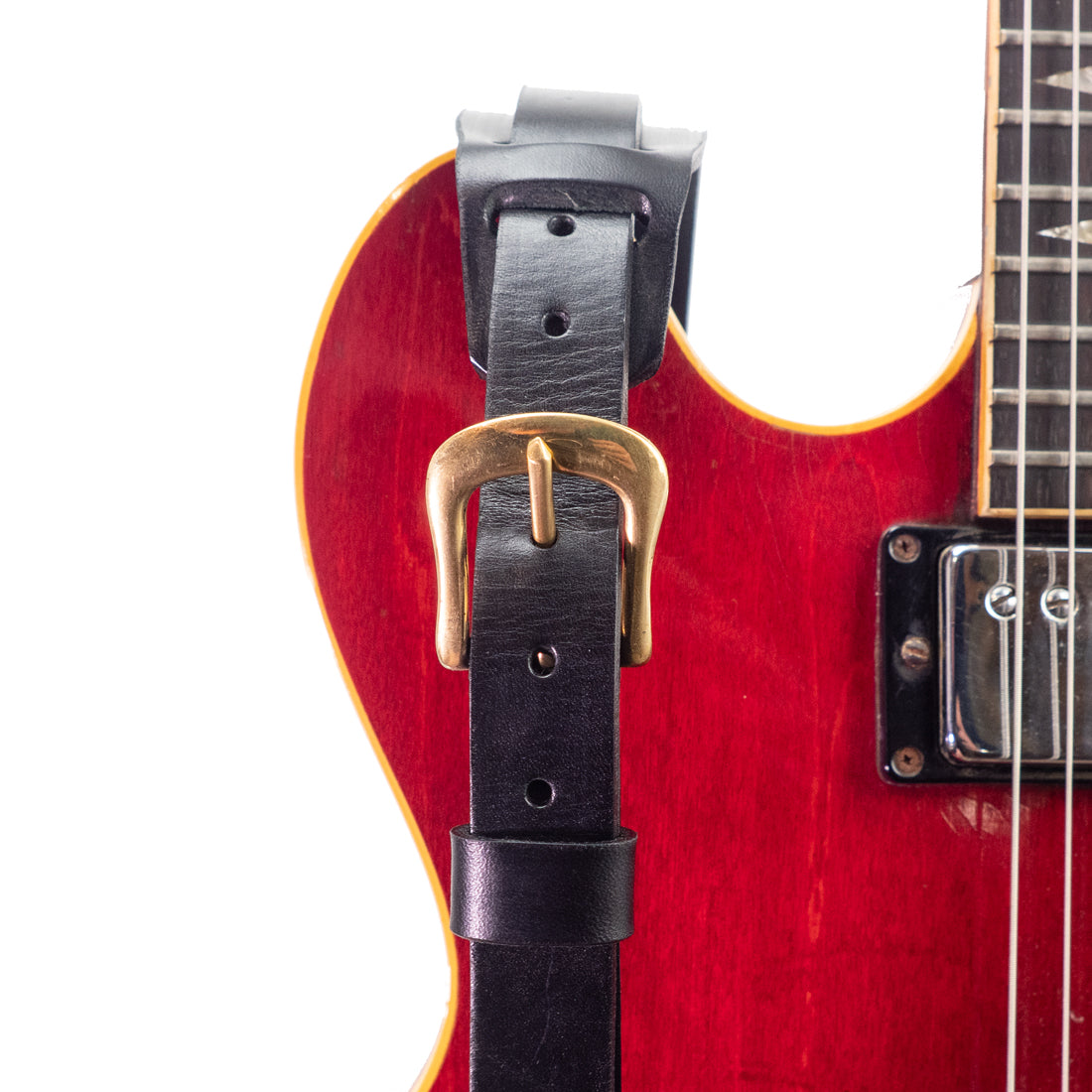 Bear Straps - Slimline Padded Black & Brass leather guitar strap