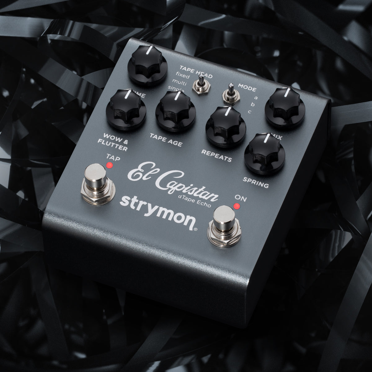 Strymon El Capistan dTape Echo V2 effect pedal top view controls on tape background