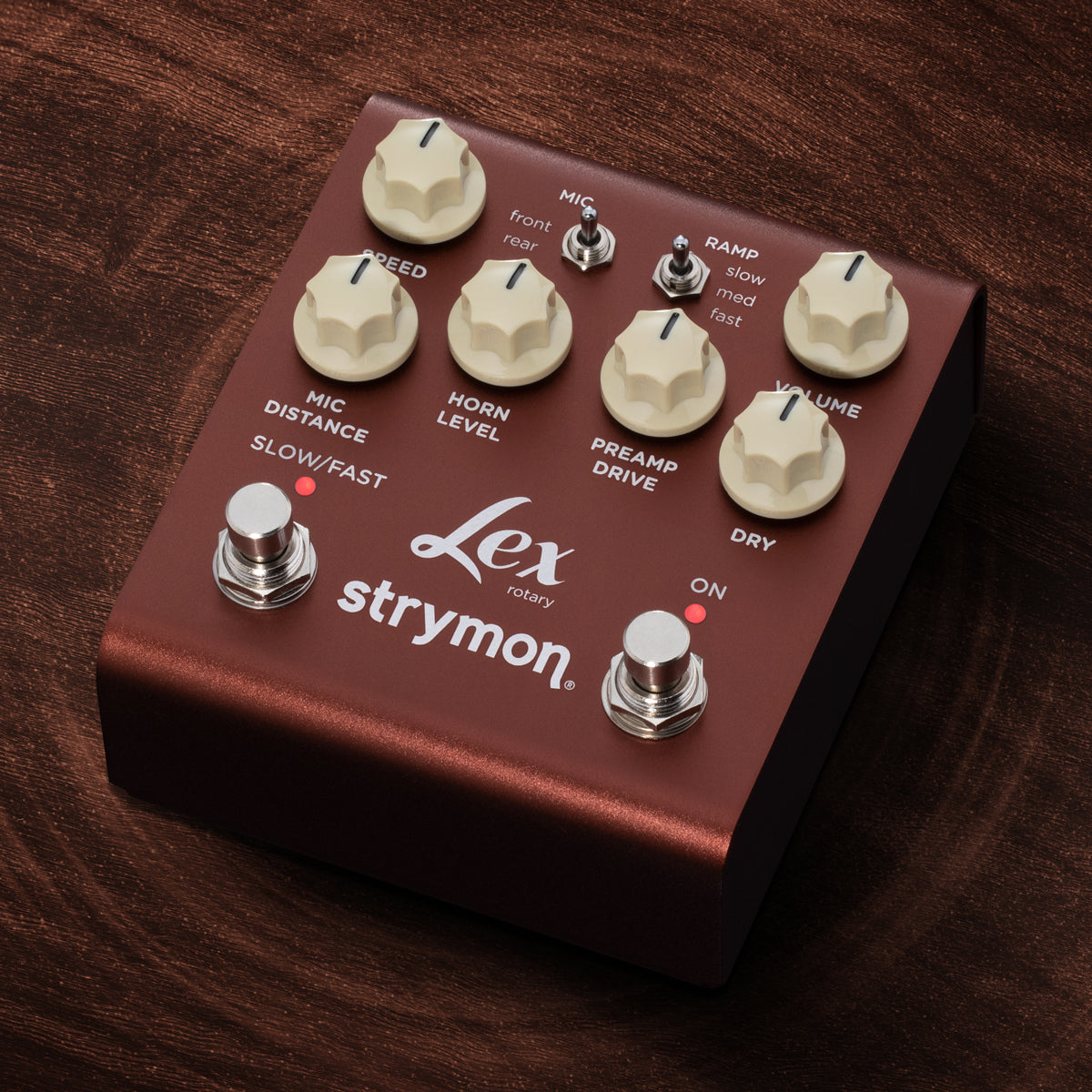 Strymon Lex Rotary V2 effect pedal on wooden background