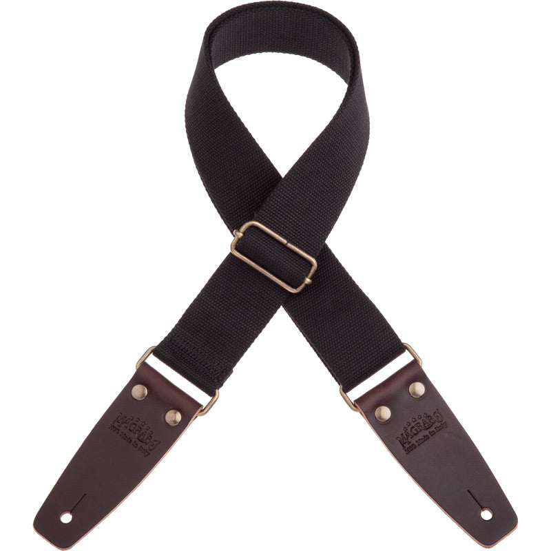 Dark brown cotton guitar strap with brass buckle