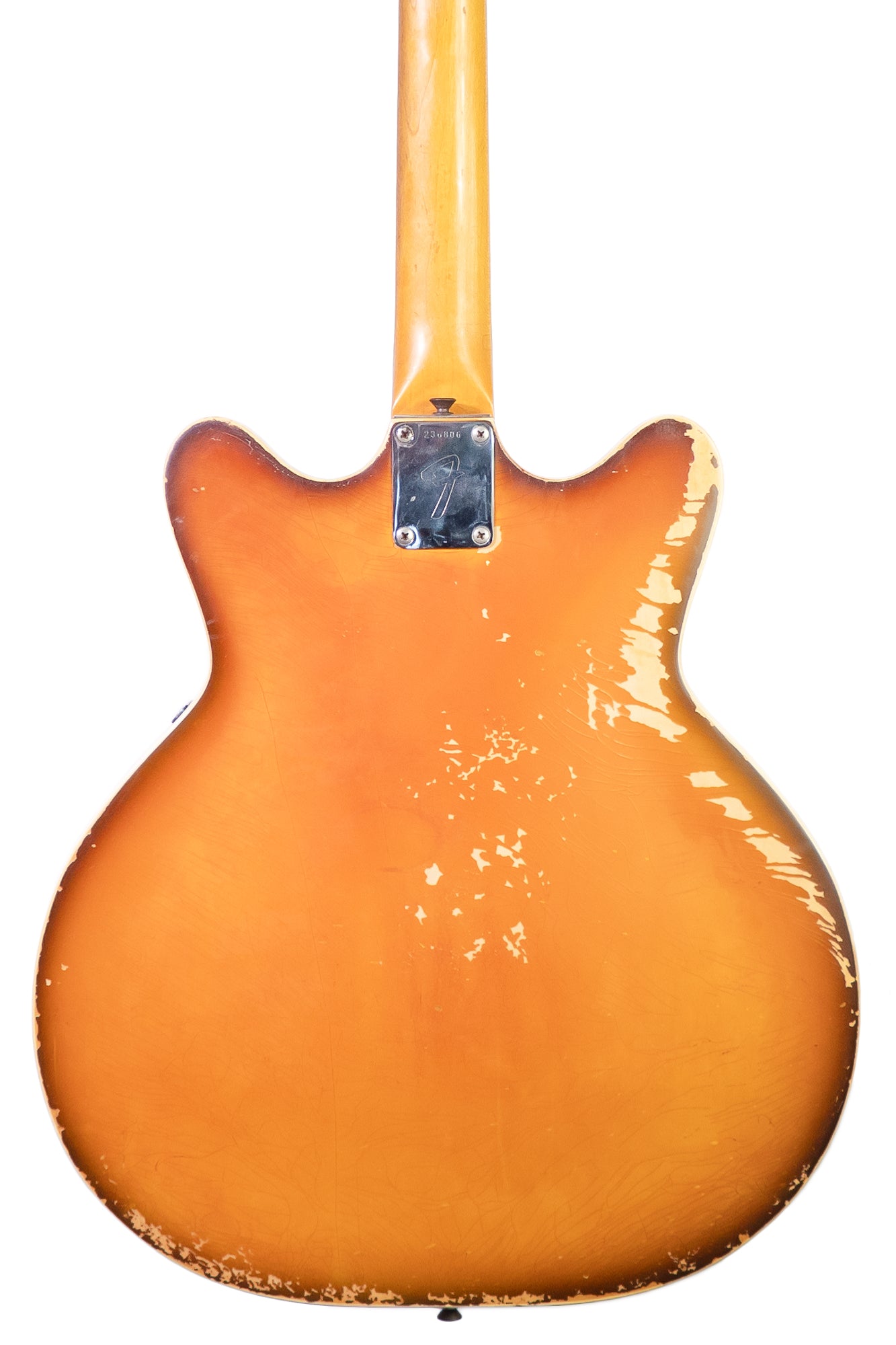 closeup of the back of a vintage 1968 Fender Coronado electric guitar in antigua finish