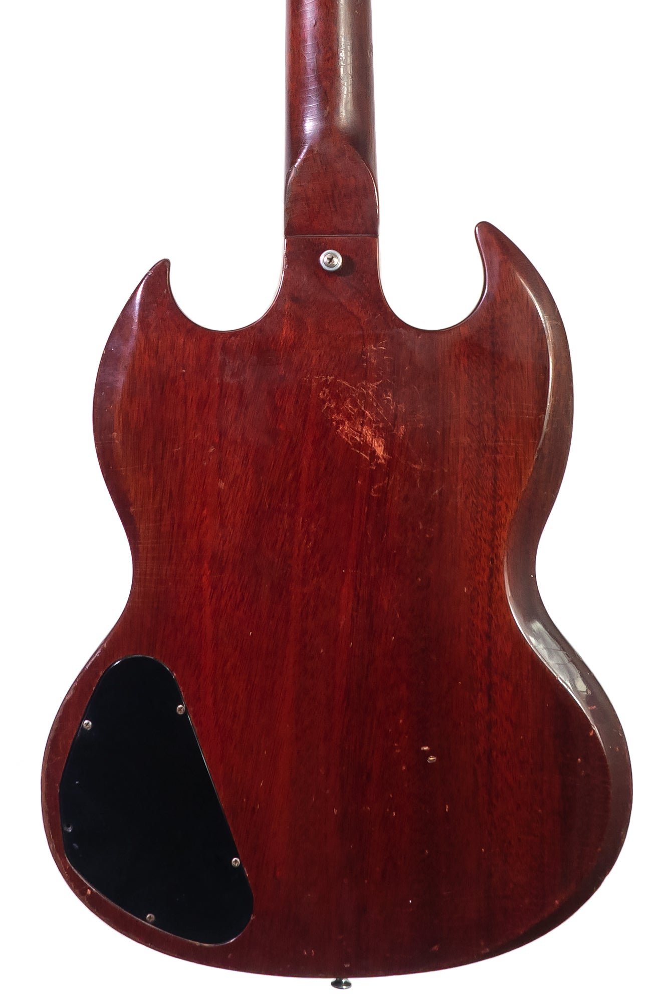 closeup of the back of a vintage 1967 Gibson SG Junior electric guitar