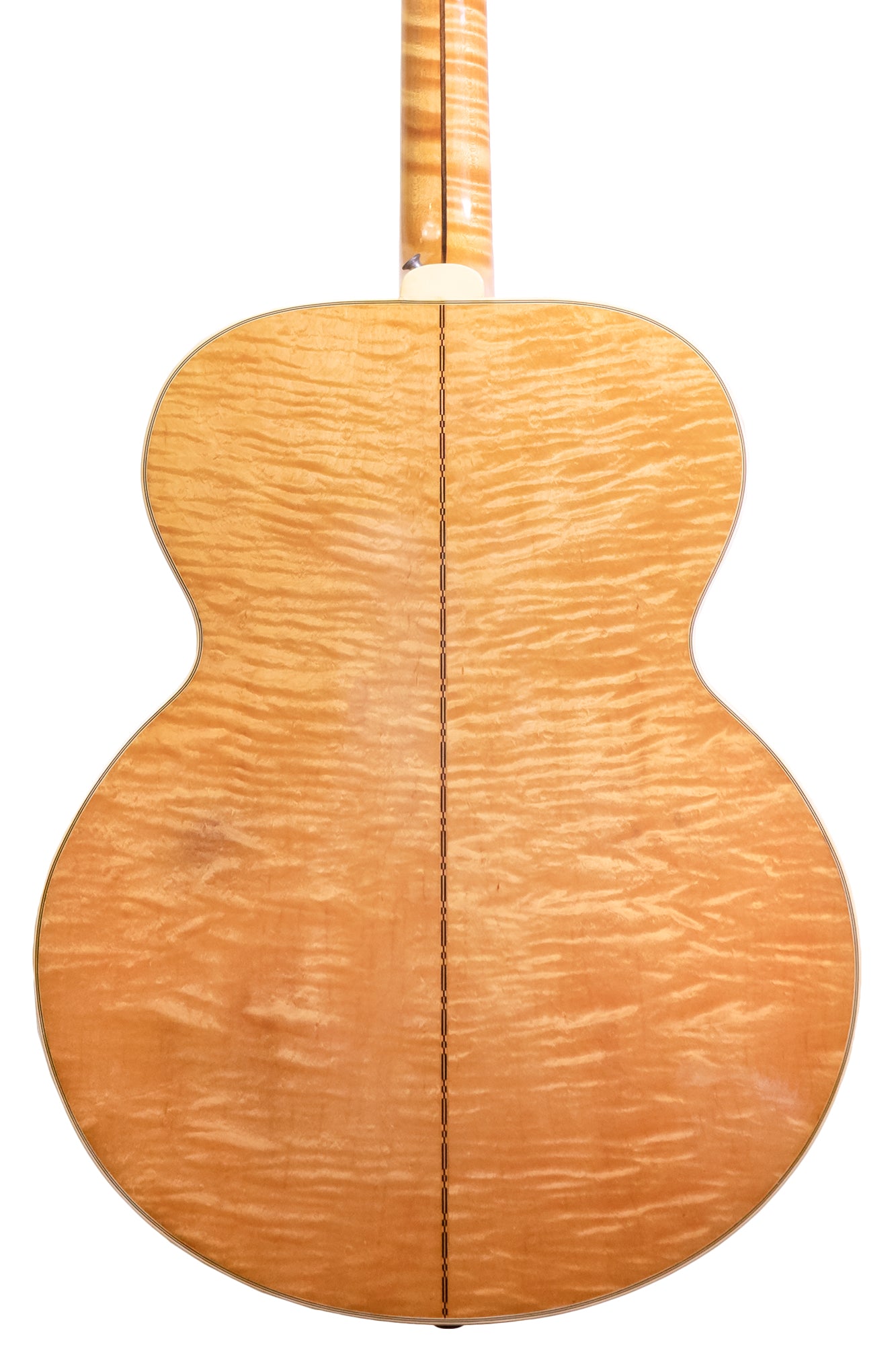 closeup of maple back from a vintage 1953 Gibson SJ-200 jumbo acoustic guitar