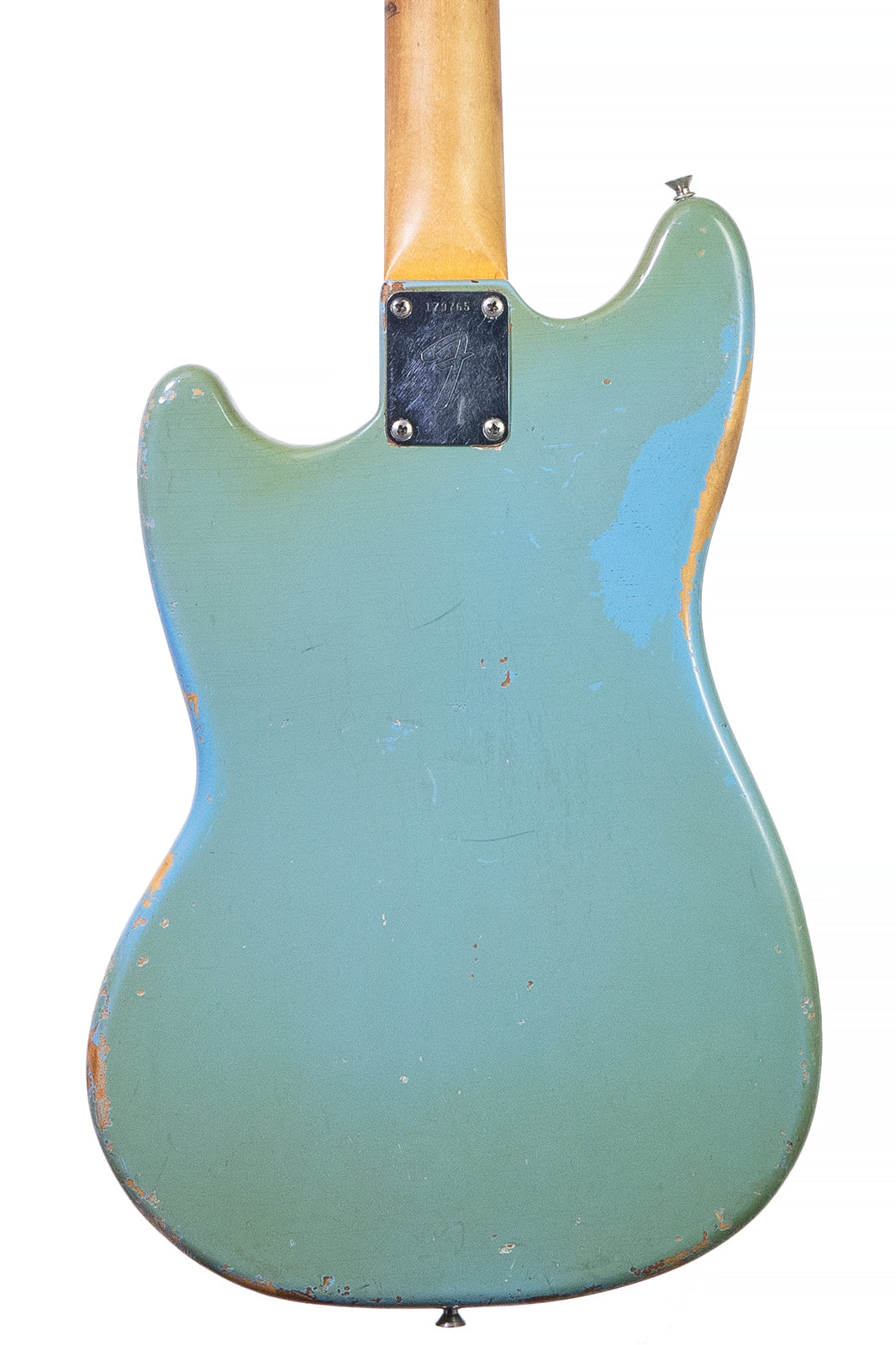 closeup of the back of a vintage 1966 Fender Mustang electric guitar in blue