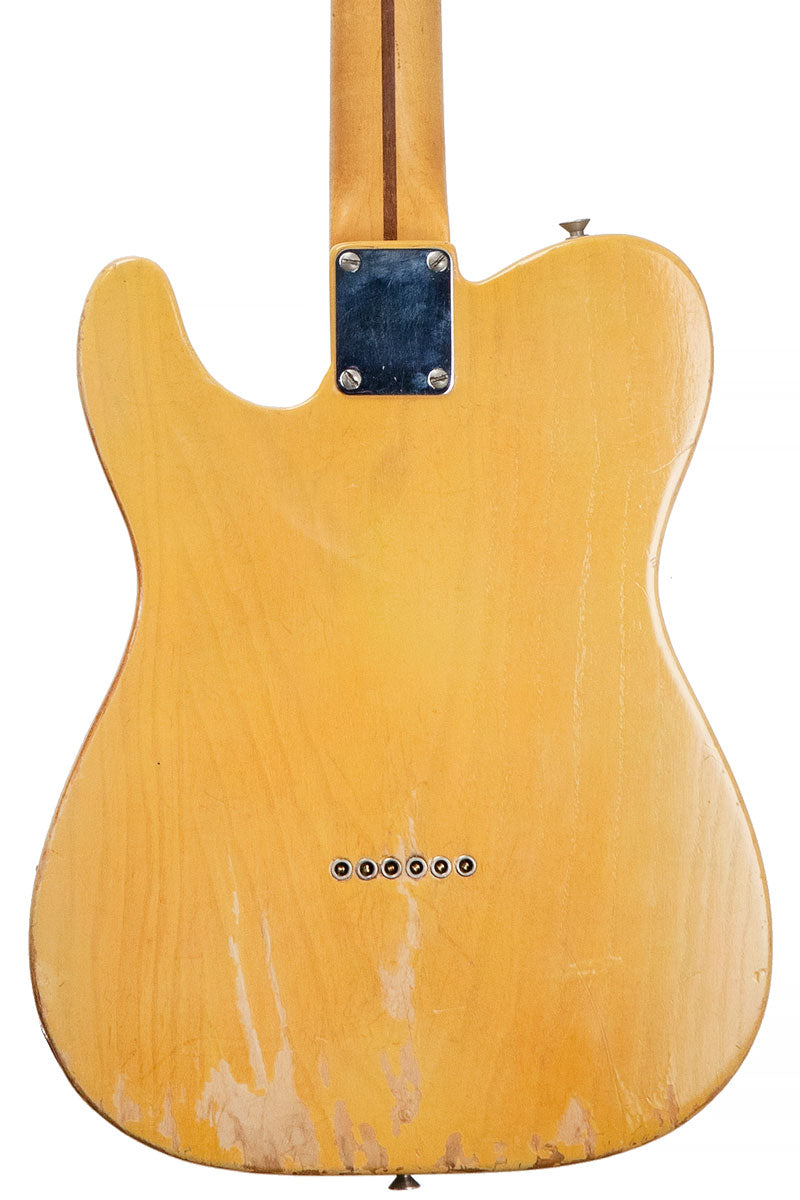 closeup of the back of a vintage 1951 Fender Nocaster electric guitar