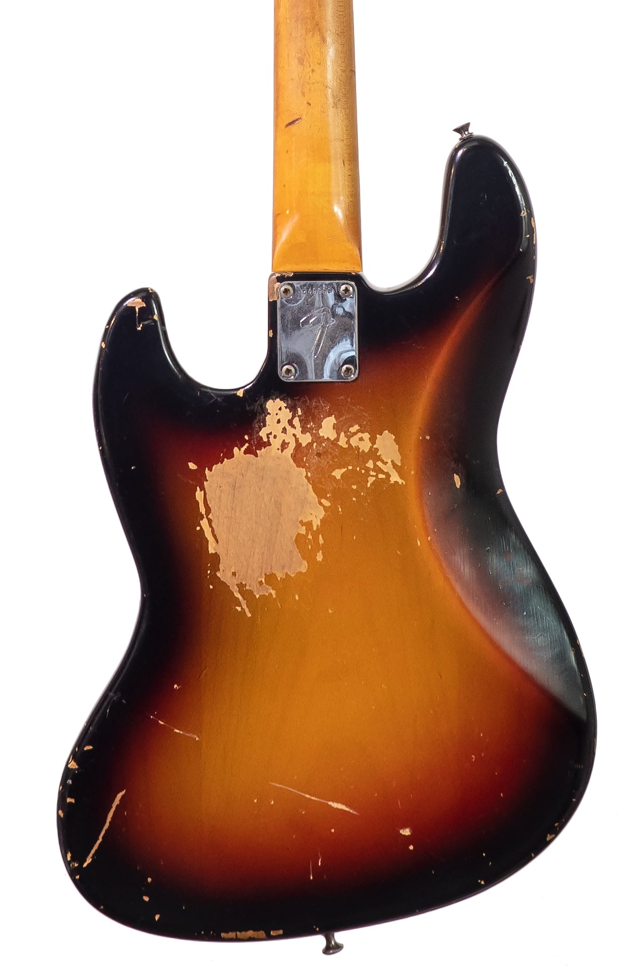 closeup of the back of a vintage 1968 Fender Jazz Bass
