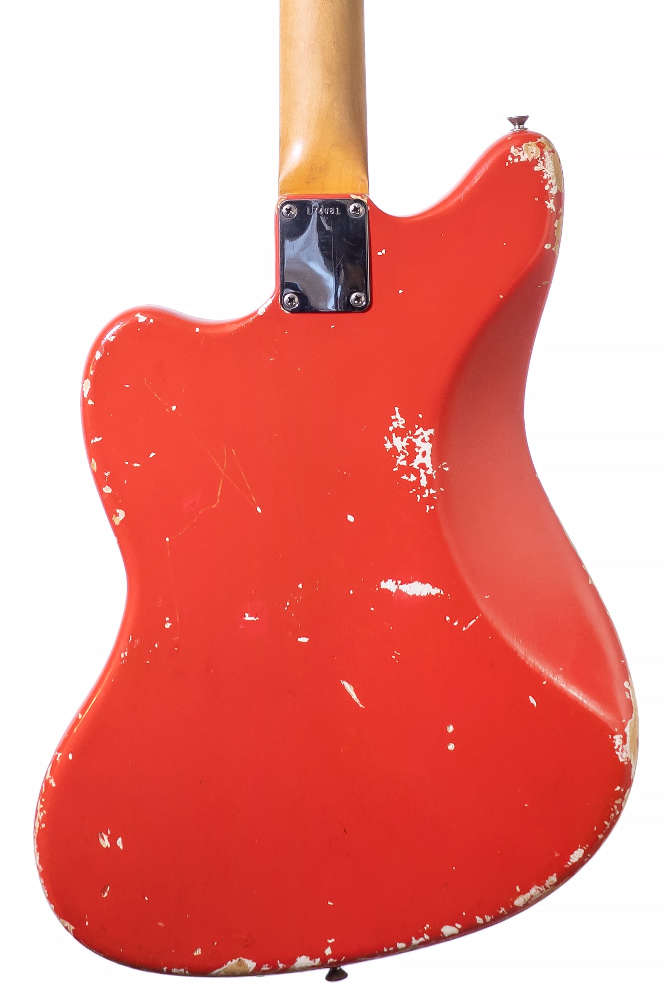 back of a vintage 1965 Fender Jazzmaster electric guitar in red