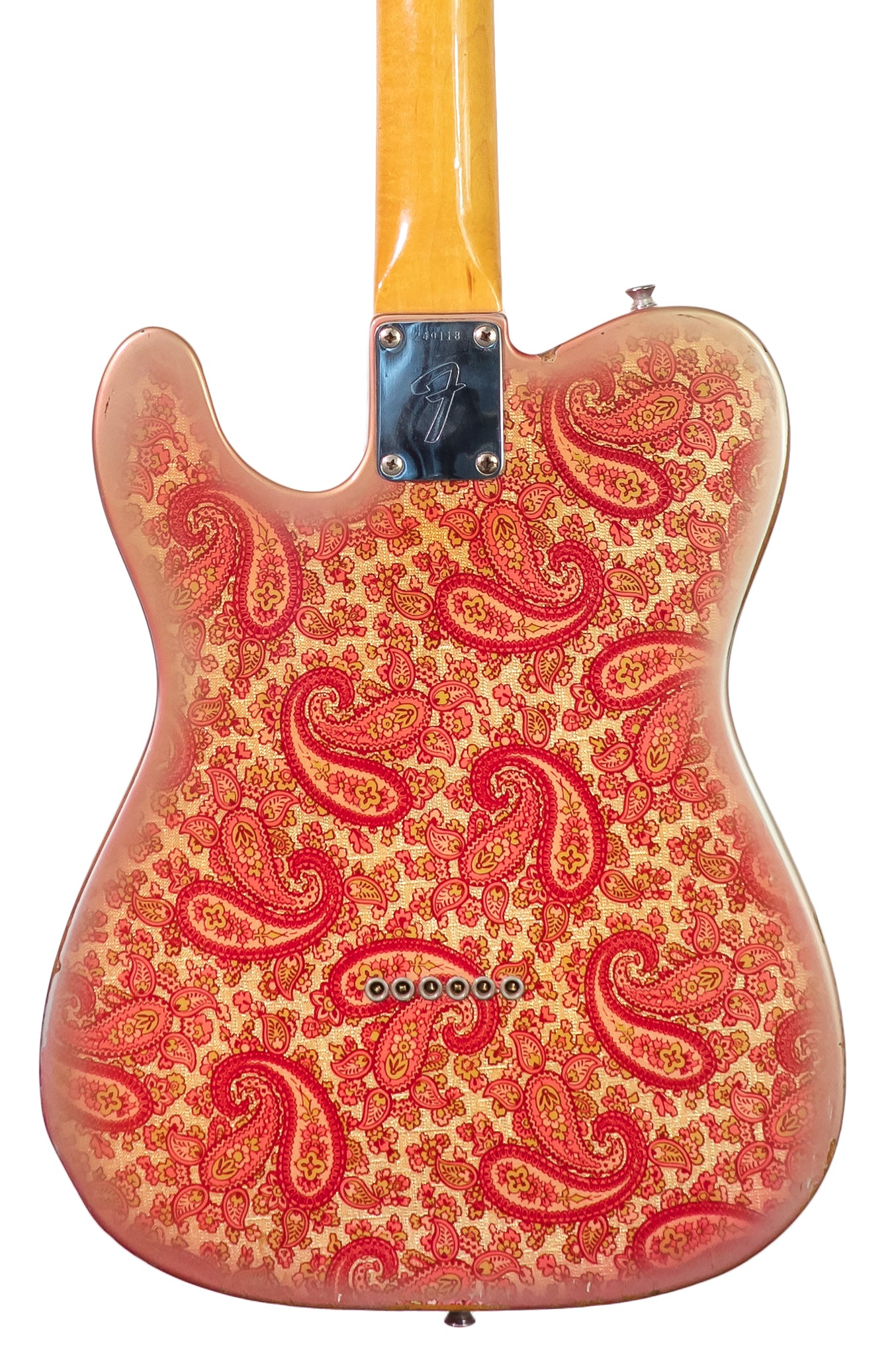 closeup of the back of a vintage original 1968 Fender Telecaster Pink Paisley electric guitar