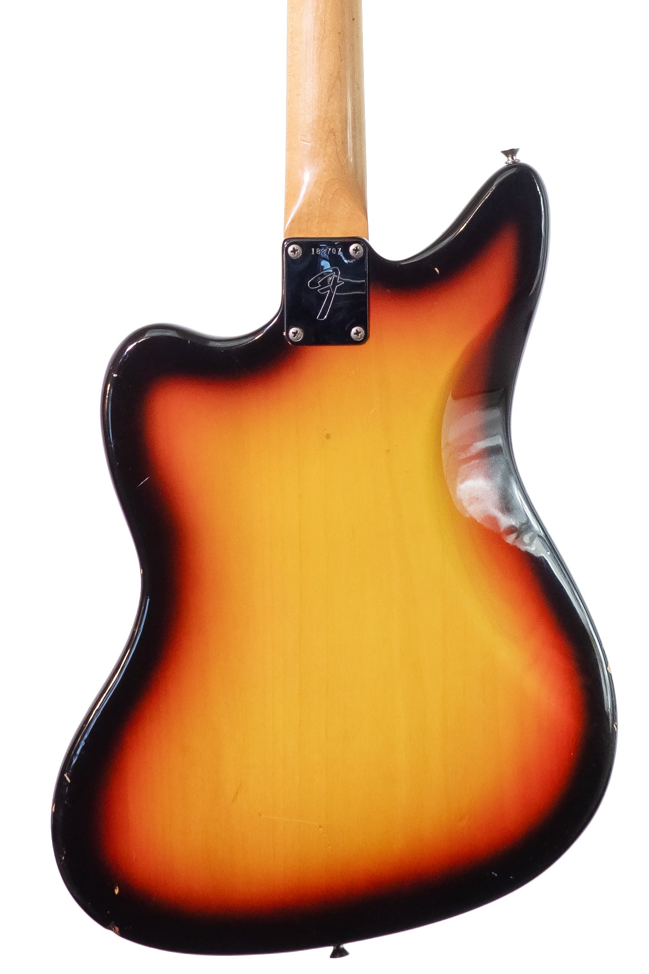 closeup of a the back of a Vintage 1966 Fender Jaguar original electric guitar