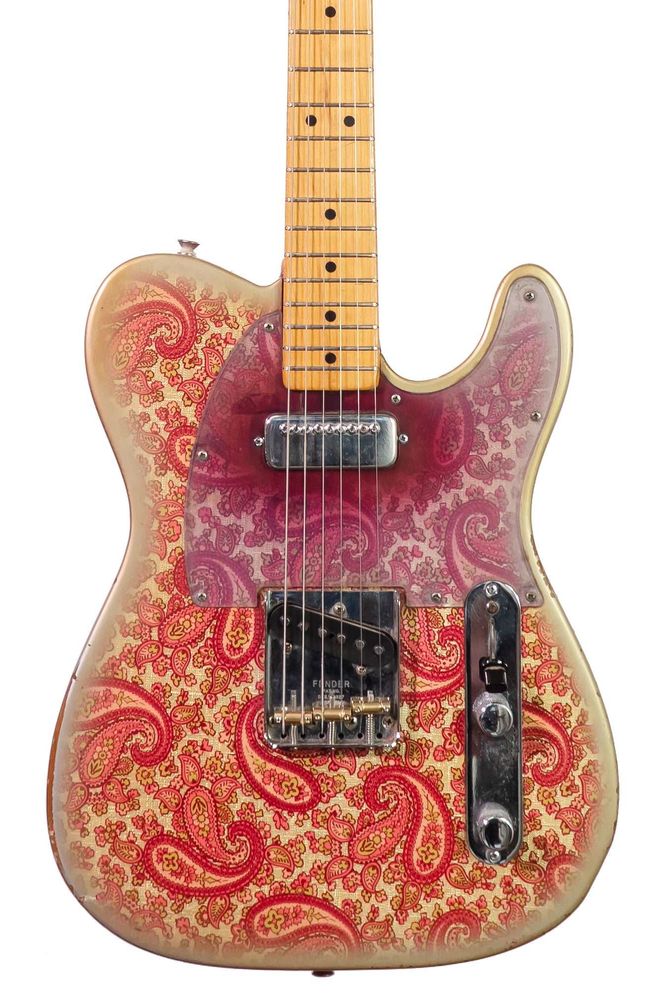 closeup of a vintage original 1968 Fender Telecaster Pink Paisley electric guitar