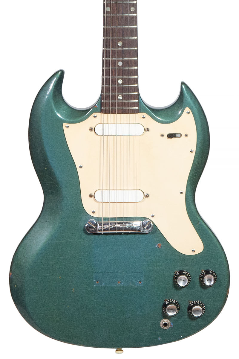 closeup of a Vintage 1967 Gibson Melody Maker electric guitar in Pelham blue finish